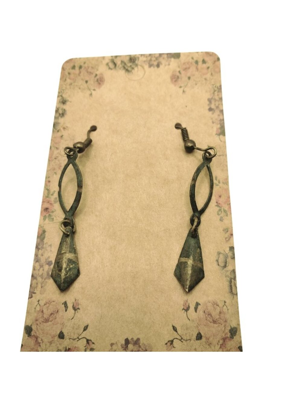 Green Gold Dangle Earrings Boho Upcycled Salvage